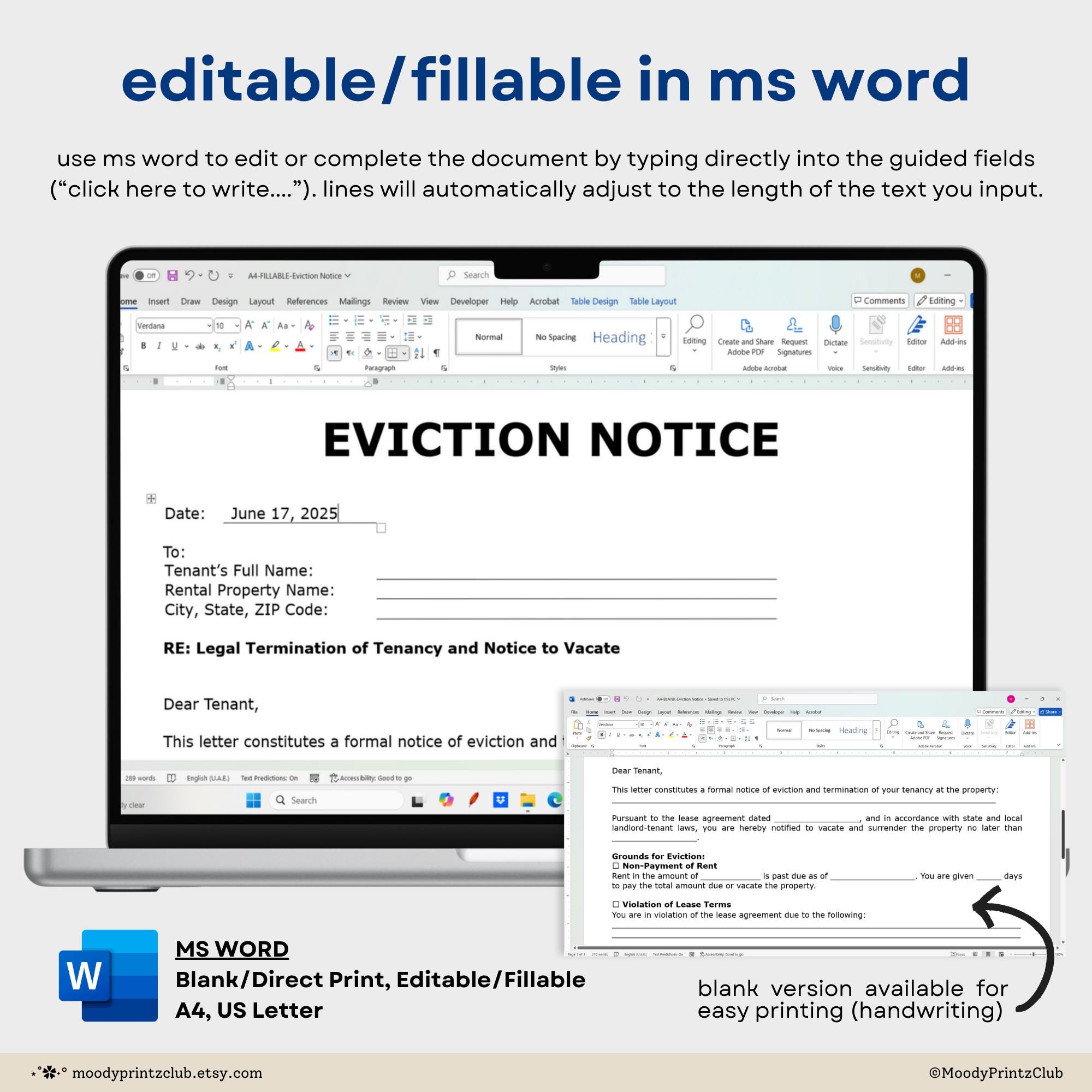 Eviction Notice Template Fillable Eviction Letter Printable Notice to ...