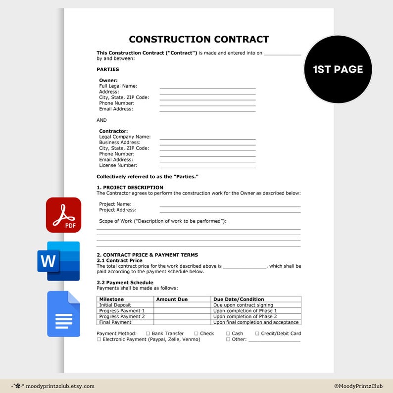 Construction Contract Template Editable Contractor Agreement Printable ...