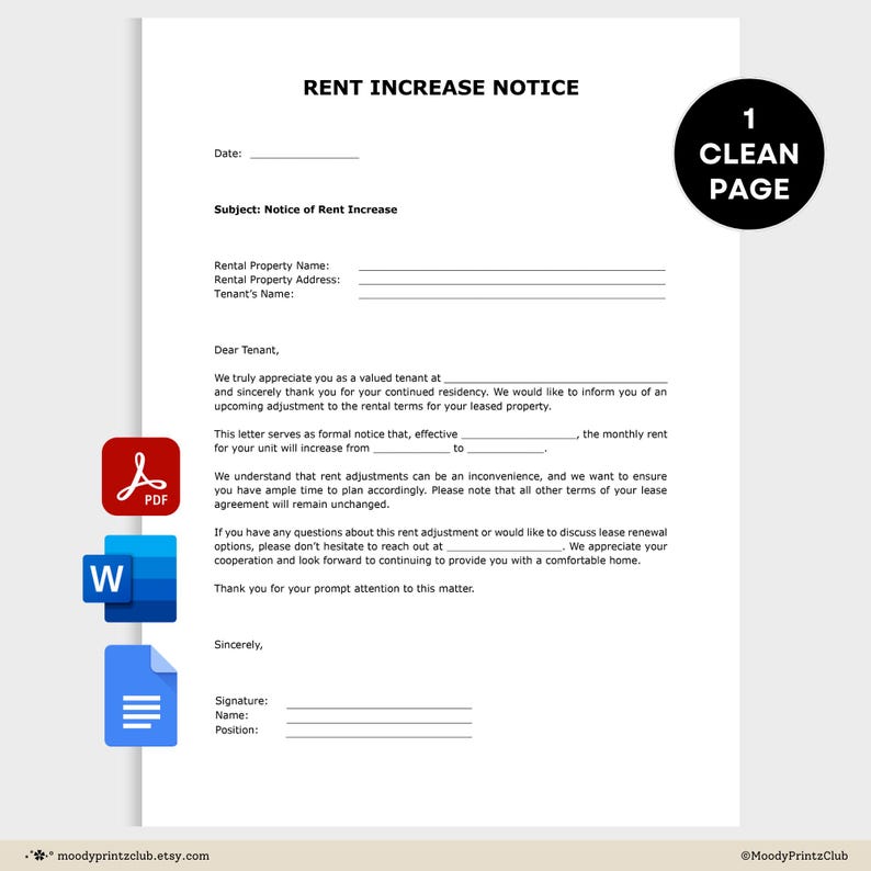 Printable Rent Increase Form.pdf Editable Rent Increase Notice Template Rent Increase Letter Printable ...