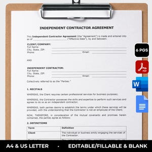 Independent Contractor Agreement Template Editable Contractor Form Business Contract Construction Form Contractor Contract Template PDF