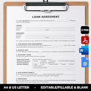 Sjabloon voor eenvoudige persoonlijke leningovereenkomst Bewerkbare sjabloon voor leningcontract Leningdocument Sjabloon voor geldlening Google Docs MS Word invulbare pdf