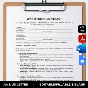 Può includere: Un modello di contratto di web design in una cartella marrone chiaro con una clip argentata. Il contratto è intitolato "Contratto di web design" e include sezioni per le informazioni del cliente e del designer, l'ambito di lavoro e lo sviluppo e l'implementazione. Il documento è etichettato come "A4 & US Letter, Editable/Fillable & Blank".