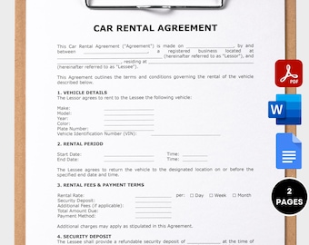 Car Rental Agreement Printable Vehicle Rental Agreement Vehicle Lease Form Car Rental Contract Fillable PDF MS Word Google Doc Editable