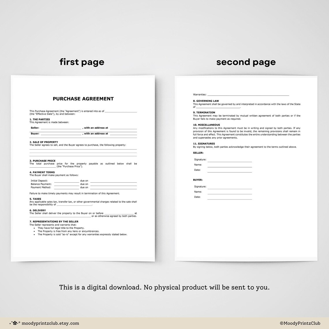 Printable Purchase Agreement Template Editable Contract Purchase and ...