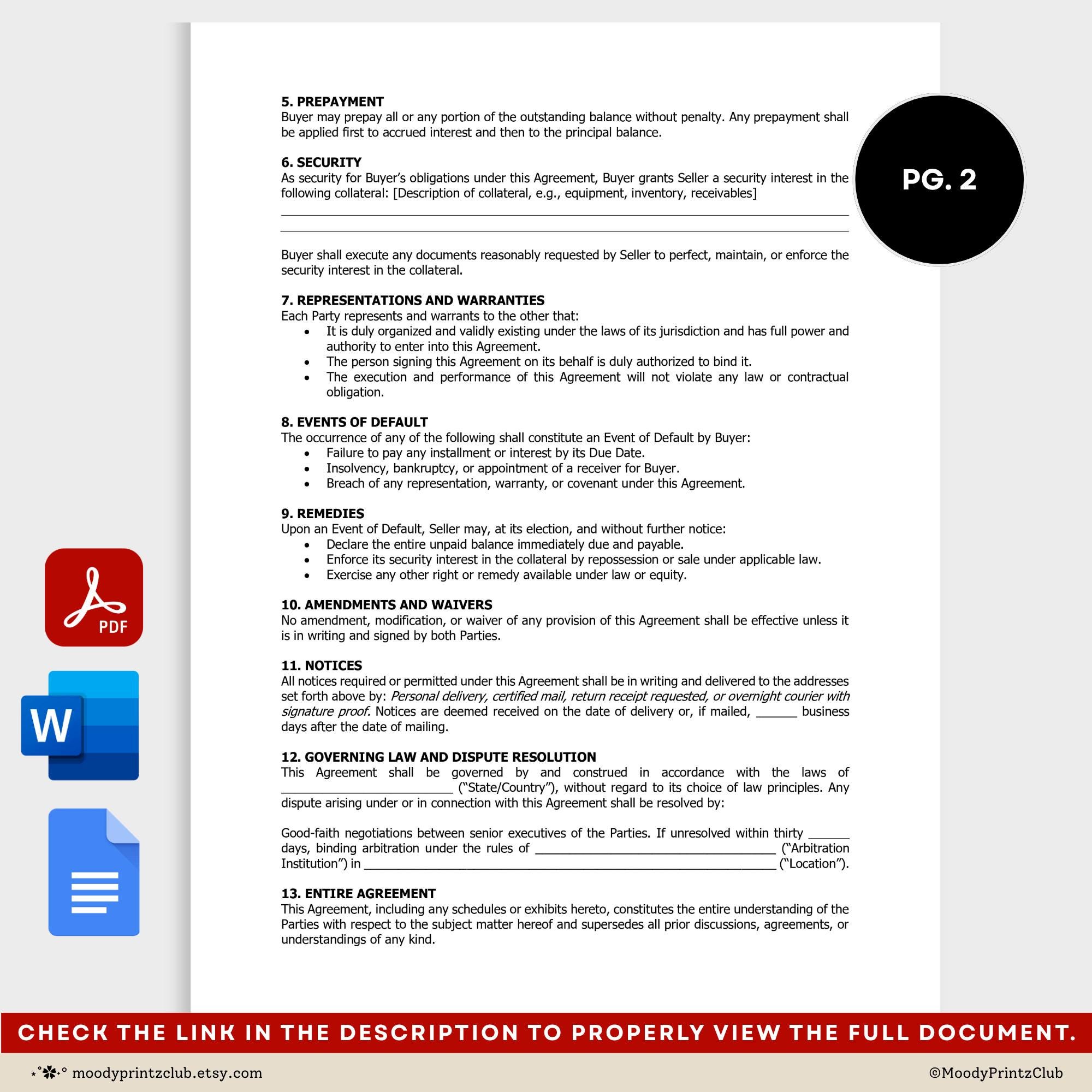 Installment Payment Agreement Template Printable Purchase Agreement to ...