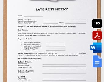 Editable Late Rent Notice Template, Printable Late Rent Letter, Past Due Rent, Rent Payment Notice, Tenant Eviction Notice, PDF Word