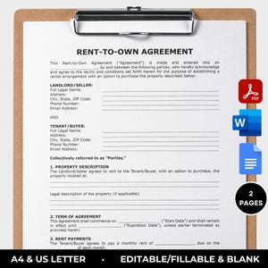 May include: A fillable Rent-to-Own Agreement form with sections for Landlord/Seller and Tenant/Buyer information, property description, term of agreement, and rent payments. The form is labelled "A4 & US Letter, Editable/Fillable & Blank".