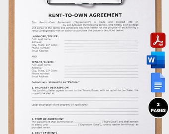 Rent to Own Agreement Fillable Lease to Own Option Agreement Printable Purchase Agreement Rental Agreement Google Doc Editable PDF MS Word