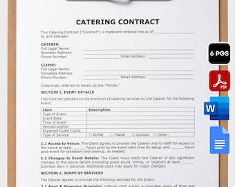 Event Catering Contract Template Printable Catering Services Contract Editable Food Service Agreement Party Catering Agreement Form PDF WORD