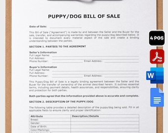 子犬売買契約書テンプレート、子犬契約書、子犬売買契約書、ペット売買契約書、PDF、WORD、Googleドキュメント、即時ダウンロード