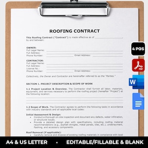 Roofing Contract Template Editable Roofing Agreement Roof Inspection Form Residential Roofing Proposal Roof Repair Contractor Contract PDF