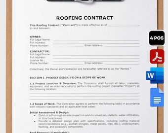 Plantilla de contrato de techado, acuerdo de techado editable, formulario de inspección de techo, propuesta de techado residencial, contrato de contratista de reparación de techos (PDF)