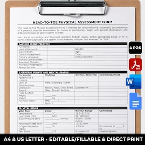 Head To Toe Physical Assessment Template Patient Assessment Form Nurse Practitioner Checklist Card Health Assessment Notes PDF MS Word