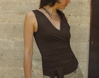 Dark Chocolate Brown Sleeveless Summer Wrap Top, V Neck Casual Fitted Blouse, Women Work Blouse