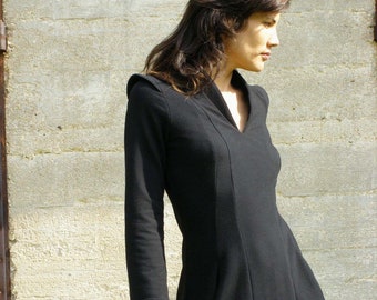 Winter Women's Black Tunic Dress, Sculptured Everyday Tunic Top, Puffed Shoulder Top, Shoulder Pads Long Sleeves Top