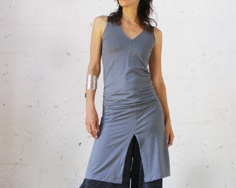 Grey Cotton Tunic Dress, Sexy Summer Ruched Tunic Top, Split Convertible Dress, Tight Fitted V Neck Dress, Women Day to Evening Wear