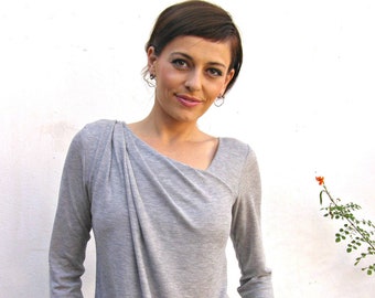 Grey Asymmetrical Top,  Loose Fitting Top, Long Sleeve Gathered Top, Plus Size Women Tops, Casual Fashion, Work Blouses