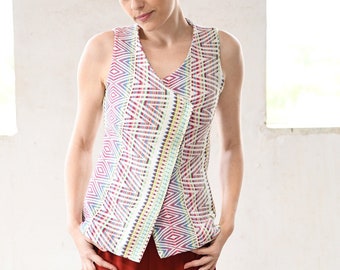 Colorful Summer Vest, Women Wrap Vest, Unique Sleeveless Blouse, Boho Style Vest, Brocade Blouse, Elegant Office Wear, Slow Fashion, Rainbow