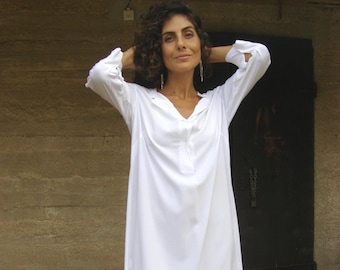 White Loose Tunic, Summer Tunic Dress, Women White Kaftan, Oversized Shirt Dress, White Mini Dress, Deep V Neck Tunic, Resort Wear, Shihar