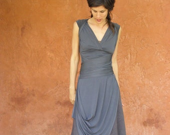 Gray Long Tunic Dress with Side Slits, Summer Tie Around Dress for Women, Convertible Dress- with Sleeve or Sleeveless, Unique Evening Dress