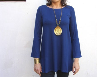 Women's Long Tunic Tops, Winter Formal Blouse For Women, Blue Boho Tunic, Plus Size Tunics