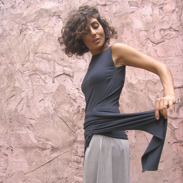 Dark Grey Sleeveless Top, Lycra Wrap Blouse, Women Basic Summer Top, Casual Wear For Women, Office Top For Women