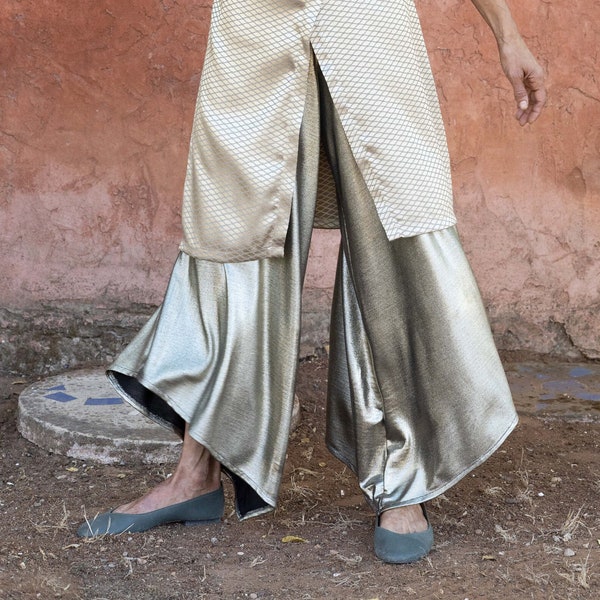 Shiny Bronze Golden Evening Palazzo Pants, Special Occasion Mother of Bride Flared Wide Bell Pants, Skirt-Pants Bottoms Fancy Trousers