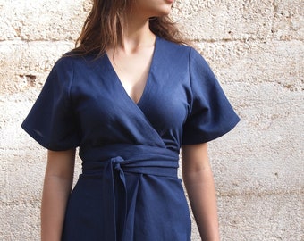 Women's Navy Blue Linen Knee Length Dress, Tie Around Wrap Dress with Wide Obi Belt, Summer Kimono Sleeves Dress, Formal Bohemian Dress