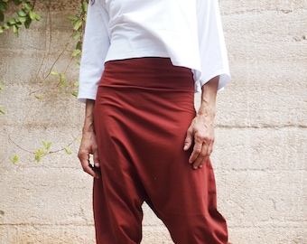 Women Terracotta Drop Crotch Pants, Bohemian Hippie Urban Wide Comfortable Pants, High Waist Druze Harem Pants