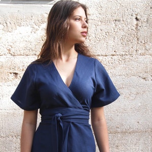 Navy Blue 100% Linen Wrap Dress With Obi Belt, Summer Kimono Style ...