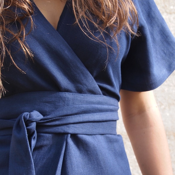 Navy Blue 100% Linen Wrap Dress with Obi Belt, Summer Kimono Style Dress, Women Formal Boho Belted Dress