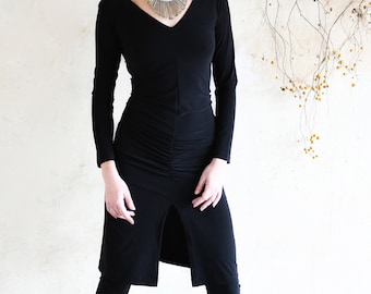 Black Gathered Tunic Dress, Slit Evening Tunic Dress, V Neckline Fitted Dress, Designer Top Tunic