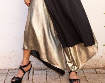 Bronze Golden Wide Leg Flared Pants, Women Evening Skirts-Pants, Bell Bottoms for Special Occasion, Designer Asymmetrical Trousers    