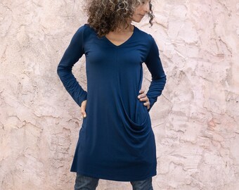 Navy Blue Long Sleeves Draped Tunic Top, Cotton Lycra Loose Flattering Tunic Top, Winter Unique Solid Color Loose Tunic Dress