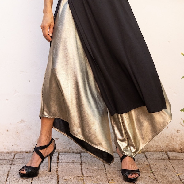Bronze Golden Wide Leg Flared Pants, Women Evening Skirts-Pants, Bell Bottoms for Special Occasion, Designer Asymmetrical Trousers    
