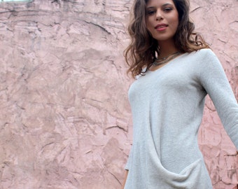 Light Grey Tunic Dress, Women Loose Flattering Tunic Top, Everyday Winter Long Sleeves Top, Bohemian Spring Tunic Top