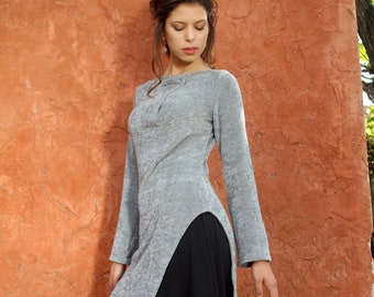 Light Grey Winter Evening Tunic Top, Women Warm Casual Chenille Tunic Top, Cowl Neck Top