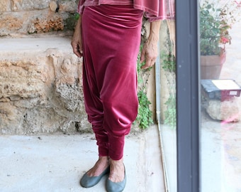 Hot Pink Velvet Druze Pants for Women, Drop Crotch Lounge Pants, Super High Waisted Harem Pants, Comfy Bottoms