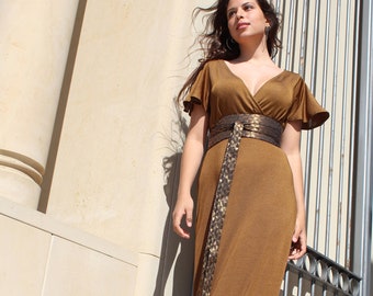 Wrap Maxi Dress, Bat Sleeve Bronze Dress, Flattering Evening Gown, Mother Of The Bride Dress, Empire Waist Knit Dress, Wedding Guest Dress