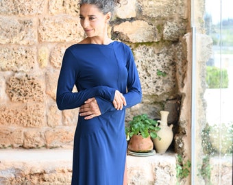 Women's Blue Maxi Length Tunic Top, Tunic Dress with Deep Slit, High Neck Winter Casual Maxi Dress, Casual Hippie Loose Dress with Slit