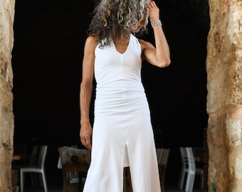 Mid Calf White Women Tunic Dress, Snug Fit Gathered Open Back Tunic Top, Convertible Dress for Evening or Every Day, V Neck Halter Dress