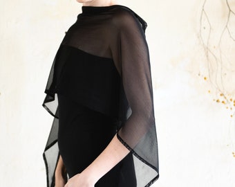 Black Chiffon Shawl, Formal Evening Elegant Sheer Shawl, Special Occasion Cover Up, Made To Order Women Wrap Scarf