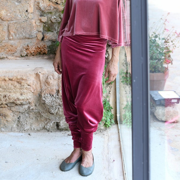 Pantalon druze en velours fuchsia pour femme, Pantalon de survêtement avec entrejambe bas, Sarouel taille super haute, Bas confortables