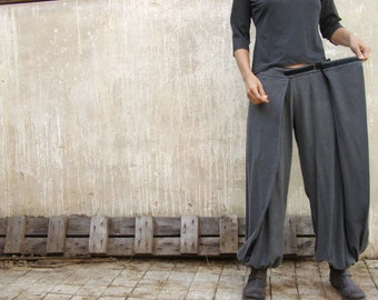 Grey Women Wide Leg Trousers, Wool Winter Pants, Origami Casual / Formal Trousers, Convertible Wrap Balloon Pants