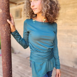 Long Sleeve Blue Top, Blue Wrap Shirt, Fitted Shirt, High Neck Pullover Wrap Top, Boho Style Shirt, Elegant Office Wear, Slow Fashion Wear image 1