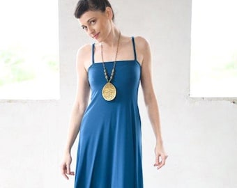 Spaghetti Strap Evening Dress, Blue Maxi Dress, Triangular Hem Summer Boho Dress, Long Frill Dress, Wedding Party Dress, Made to Order Dress