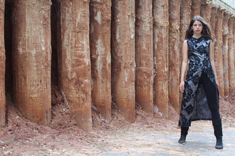Chinese Style Maxi Dress Women Special Occasion Dress Tailored Black and Silver Evening Tunic Dress Mother of Groom or Bride Suit