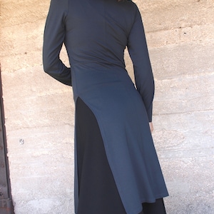 Asian Knee Length Black Tunic Dress, Winter Tunic Top with Side Slits, Women Long Sleeves Casual Dress, Split Collar Bohemian Tunic Top image 7