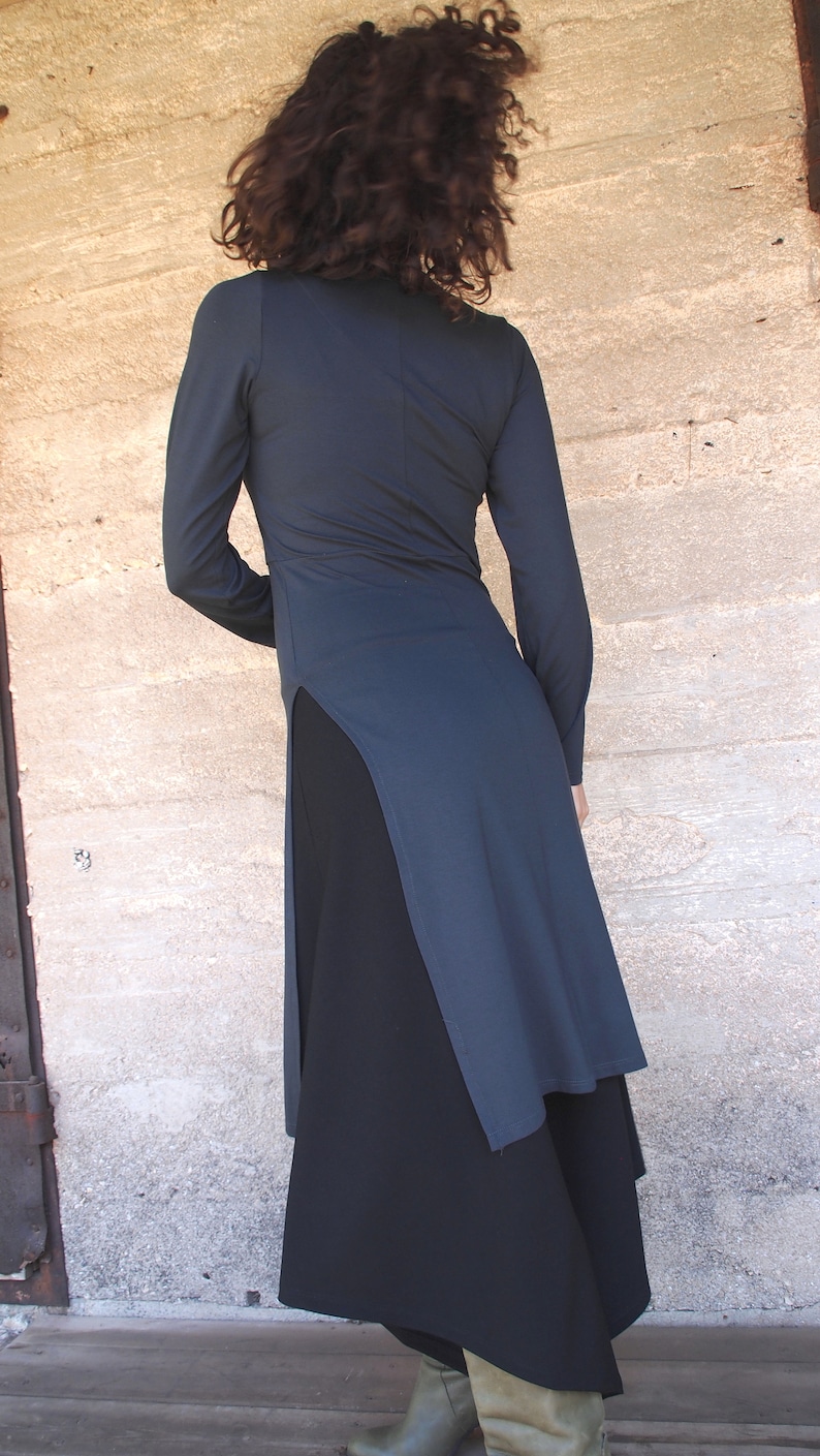 Asian Knee Length Black Tunic Dress, Winter Tunic Top with Side Slits, Women Long Sleeves Casual Dress, Split Collar Bohemian Tunic Top image 7