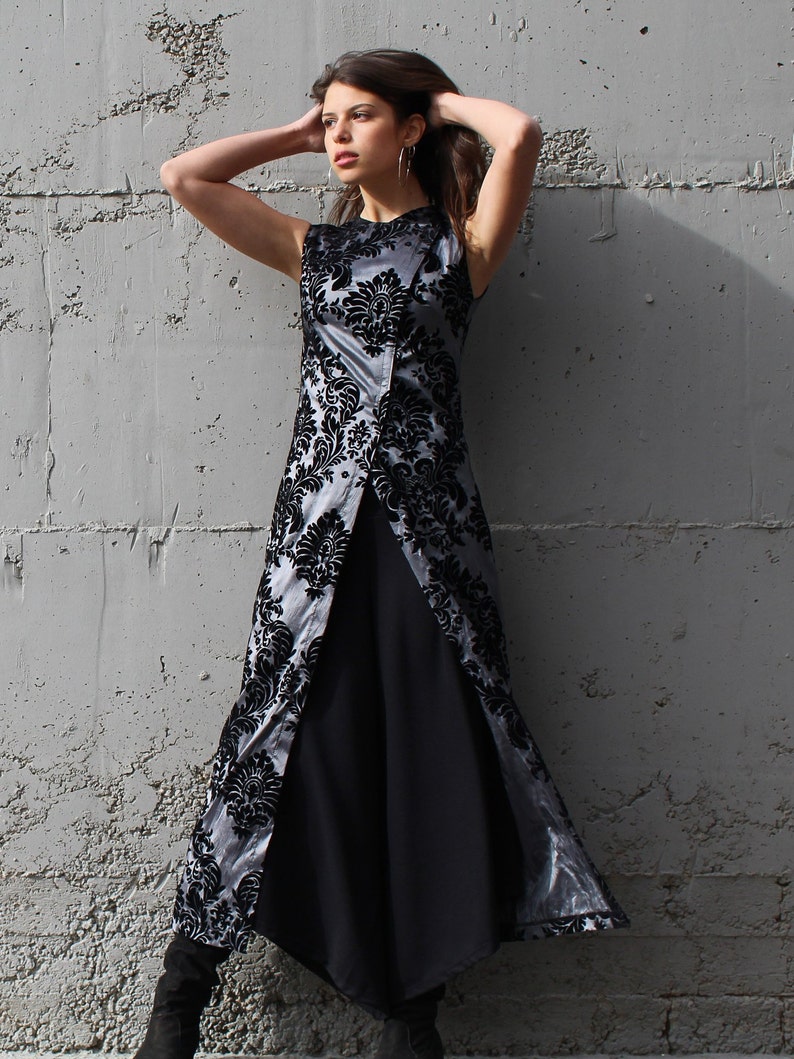 Chinese Style Maxi Dress Women Special Occasion Dress Tailored Black and Silver Evening Tunic Dress Mother of Groom or Bride Suit